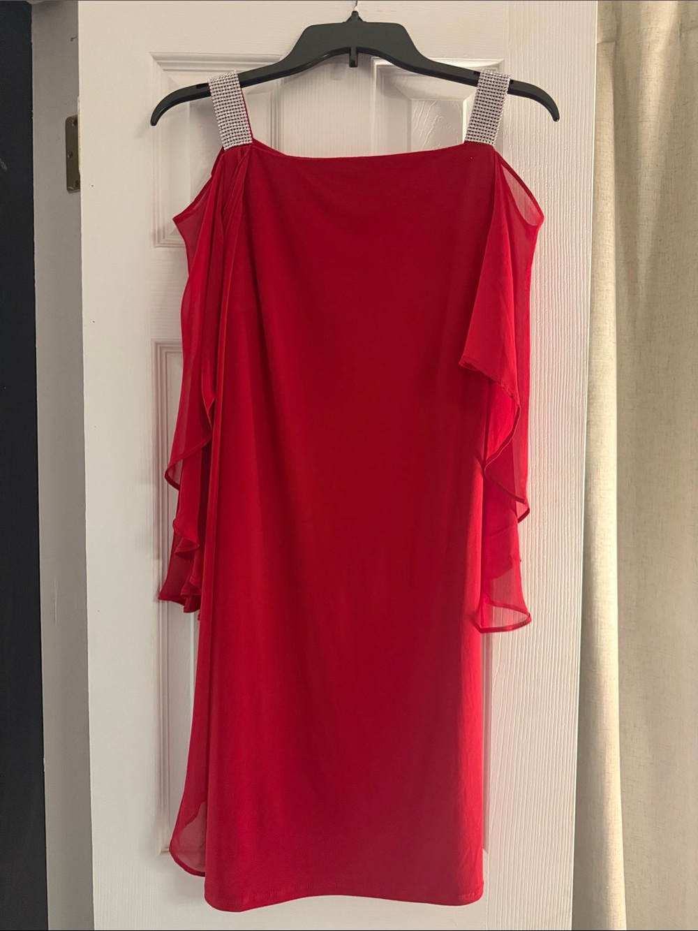 MSK Red Cold-Shoulder Midi Dress with Rhinestone Straps